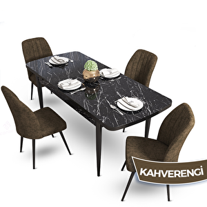Mun Serisi 80x132 Açılabilir Mdf Siyah Mermer Desen Masa Takımı Ve 4 Kahverengi Sandalye Kahverengi