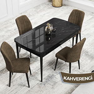 Rio Serisi 80x132 Açılabilir Mdf Siyah Mermer Desen Masa Takımı Ve 4 Kahverengi Sandalye Kahverengi