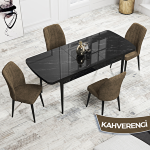 Rio Serisi 80x132 Açılabilir Mdf Siyah Mermer Desen Masa Takımı Ve 4 Kahverengi Sandalye Kahverengi