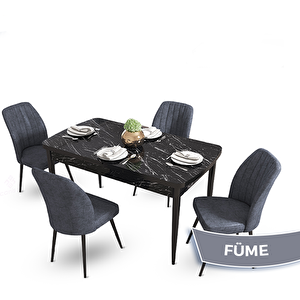Mun Serisi 80x132 Açılabilir Mdf Siyah Mermer Desen Masa Takımı Ve 4 Füme Sandalye Füme