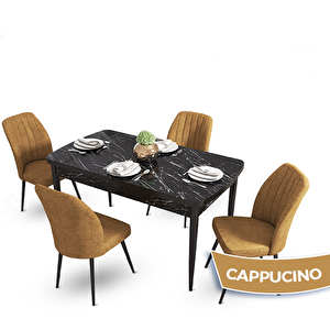 Mun Serisi 80x132 Açılabilir Mdf Siyah Mermer Desen Masa Takımı Ve 4 Cappucino Sandalye Cappucino