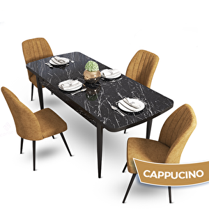 Mun Serisi 80x132 Açılabilir Mdf Siyah Mermer Desen Masa Takımı Ve 4 Cappucino Sandalye Cappucino