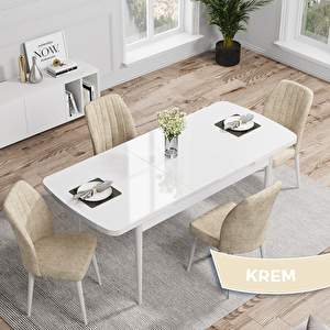 Rio Serisi 80x132 Açılabilir Mdf Beyaz Masa Takımı Ve 4 Krem Sandalye Krem