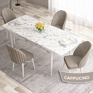 Roz Serisi 80x132 Açılabilir Beyaz Mermer Desen Masa Takımı Ve 4 Cappucino Sandalye Cappucino