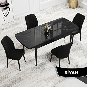Rio Serisi 80x132 Açılabilir Mdf Siyah Mermer Desen Masa Takımı Ve 4 Siyah Sandalye Siyah