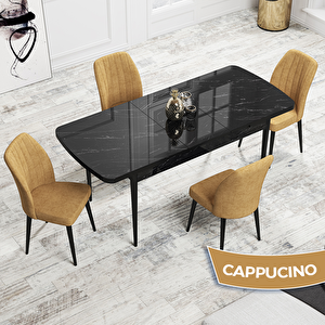 Rio Serisi 80x132 Açılabilir Mdf Siyah Mermer Desen Masa Takımı Ve 4 Cappucino Sandalye Cappucino
