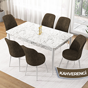 Pir Serisi 80x130 Beyaz Mermer Desen Masa Takımı Ve 6 Kahverengi Sandalye Kahverengi