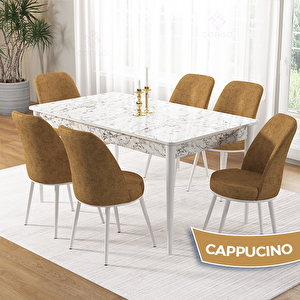 Pir Serisi 80x130 Beyaz Mermer Desen Masa Takımı Ve 6 Cappucino Sandalye Cappucino