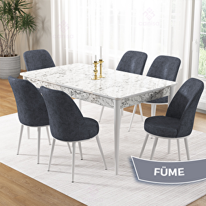 Pir Serisi 80x130 Beyaz Mermer Desen Masa Takımı Ve 6 Füme Sandalye Füme