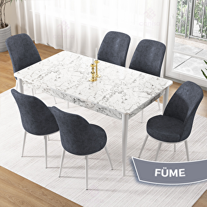Pir Serisi 80x130 Beyaz Mermer Desen Masa Takımı Ve 6 Füme Sandalye Füme