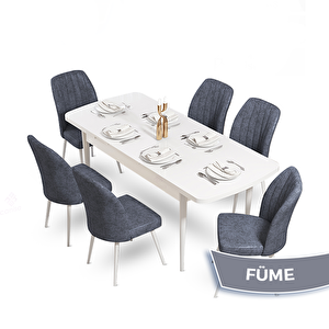 Mun Serisi 80x132 Açılabilir Mdf Beyaz Masa Takımı Ve 6 Füme Sandalye Füme