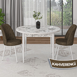 Tor Serisi Yuvarlak Mutfak Masa Takımı Beyaz Mermer Desen Masa Ve 2 Kahverengi Sandalye Kahverengi