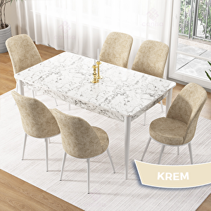 Pir Serisi 80x130 Beyaz Mermer Desen Masa Takımı Ve 6 Krem Sandalye Krem