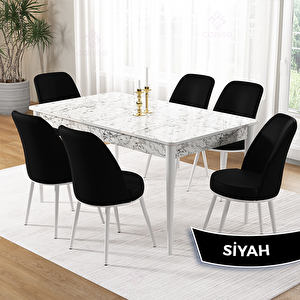 Pir Serisi 80x130 Beyaz Mermer Desen Masa Takımı Ve 6 Siyah Sandalye Siyah