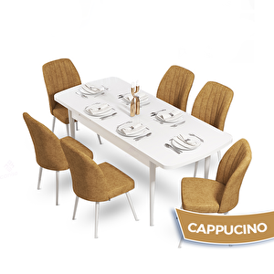 Mun Serisi 80x132 Açılabilir Mdf Beyaz Masa Takımı Ve 6 Cappucino Sandalye Cappucino