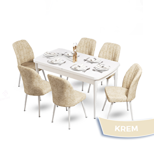 Mun Serisi 80x132 Açılabilir Mdf Beyaz Masa Takımı Ve 6 Krem Sandalye Krem