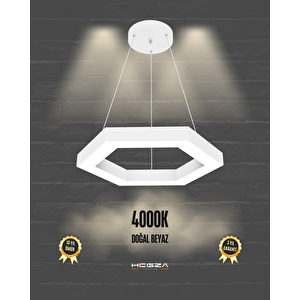 Hexagon ( Beyaz Kasa, Doğal Beyaz Işık ) Sarkıt Ledli Modern Led Avize, Salon, Mutfak, Oturma Odası