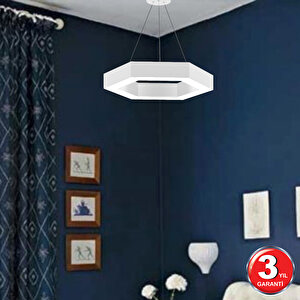 Hexagon, Beyaz Kasa, Sarı Işık, Ledli Modern Led Avize, Salon, Mutfak, Oturma Yatak Odası, Sarkıt, Lineer Sarı Işık (3000K)