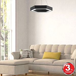 Hexagon, Siyah Kasa, Beyaz Işık, Ledli Modern Led Avize, Salon, Mutfak, Oturma Yatak Odası, Sarkıt, Lineer Beyaz Işık (6500K)