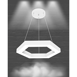 Hexagon ( Beyaz Kasa, Beyaz Işık ) Sarkıt Ledli Modern Led Avize, Salon, Mutfak, Oturma Odası Beyaz Işık (6500K)