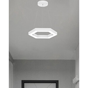 Hexagon ( Beyaz Kasa, Beyaz Işık ) Sarkıt Ledli Modern Led Avize, Salon, Mutfak, Oturma Odası Beyaz Işık (6500K)