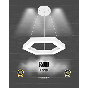 Hexagon ( Beyaz Kasa, Beyaz Işık ) Sarkıt Ledli Modern Led Avize, Salon, Mutfak, Oturma Odası
