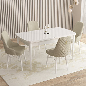 Flora Beyaz 80x132 Mdf Açılabilir Mutfak Masası Takımı 4 Adet Sandalye Krem