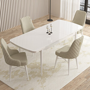 Flora Beyaz 80x132 Mdf Açılabilir Mutfak Masası Takımı 4 Adet Sandalye Krem