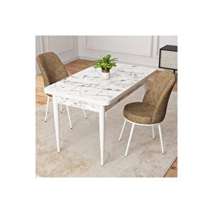Raum Beyaz Mermer Desen 70x110 Sabit Mutfak Masası Takımı 2 Adet Sandalye Cappucino