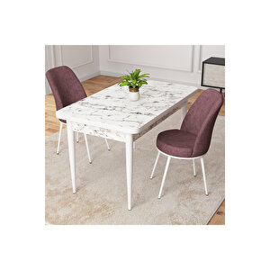 Raum Beyaz Mermer Desen 70x110 Sabit Mutfak Masası Takımı 2 Adet Sandalye Gül Kurusu