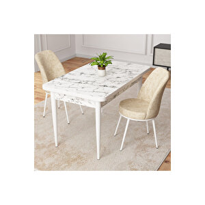 Raum Beyaz Mermer Desen 70x110 Sabit Mutfak Masası Takımı 2 Adet Sandalye Krem