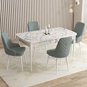 Flora Beyaz Mermer Desen 80x132 Mdf Açılabilir Mutfak Masası Takımı 4 Adet Sandalye Su Yeşili