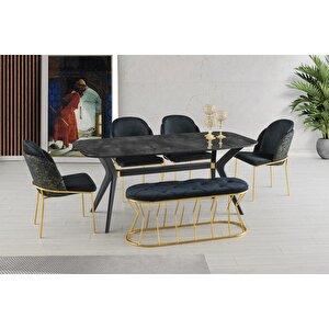 Sabit Eliz Masa Salon Masası  İrony H.g Desen + 4 Adet Limon Sandalye Gold +1 Bench Puf  Gold