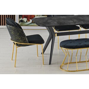 Sabit Eliz Masa Salon Masası  İrony H.g Desen + 4 Adet Limon Sandalye Gold +1 Bench Puf  Gold