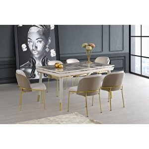 Açılır Roma Salon Masası  Efes Desen  6 Adet Limon Sandalye Gold Metal Ayak