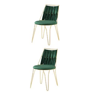 2 Adet Ada Örgülü  Sandalye Yeşil Metal Gold  Mutfak Salon Yemek Odası Sandalyesi