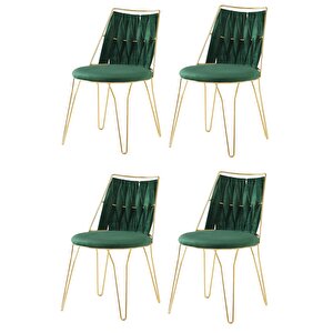 4 Adet Ada Örgülü  Sandalye Yeşil Metal Gold  Mutfak Salon Yemek Odası Sandalyesi