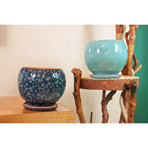 Lacivert Şekilli Ve Turkuaz Artistik Çift Sırlı İç Ve Dış Mekan Kullanımlı Tabaklı Toprak Terrakota Saksi Saksılık