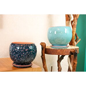 Lacivert Şekilli Ve Turkuaz Artistik Çift Sırlı İç Ve Dış Mekan Kullanımlı Tabaklı Toprak Terrakota Saksi Saksılık