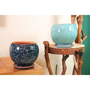 Bitki Tasarımı Lacivert Şekilli Ve Turkuaz Artistik Çift Sırlı İç Ve Dış Mekan Kullanımlı Tabaklı Toprak Terrakota Saksi Saksılık