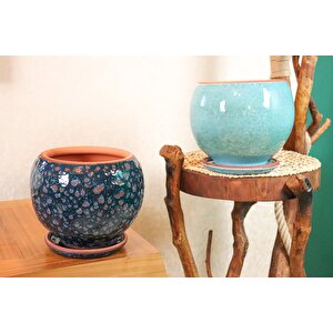 Bitki Tasarımı Lacivert Şekilli Ve Turkuaz Artistik Çift Sırlı İç Ve Dış Mekan Kullanımlı Tabaklı Toprak Terrakota Saksi Saksılık