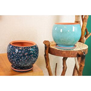 Bitki Tasarımı Lacivert Şekilli Ve Turkuaz Artistik Çift Sırlı İç Ve Dış Mekan Kullanımlı Tabaklı Toprak Terrakota Saksi Saksılık