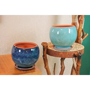 Bitki Tasarımı Okyanus Mavisi Ve Turkuaz  Artistik Çift Sırlı İç Ve Dış Mekan Kullanımlı Tabaklı Toprak Terrakota Saksı Saksılık S