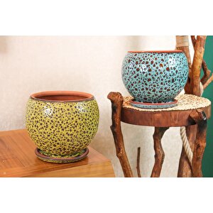 Bitki Tasarımı Hardal Sarı Şekilli Ve Turkuaz Şekilli Artistik Çift Sırlı İç Ve Dış Mekan Kullanımlı Tabaklı Toprak Terrakota Saks