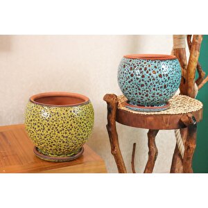 Bitki Tasarımı Hardal Sarı Şekilli Ve Turkuaz Şekilli Artistik Çift Sırlı İç Ve Dış Mekan Kullanımlı Tabaklı Toprak Terrakota Saks