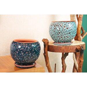 Bitki Tasarımı Lacivert Şekilli Ve Turkuaz Şekilli Artistik Çift Sırlı İç Ve Dış Mekan Kullanımlı Tabaklı Toprak Terrakota Saksı S