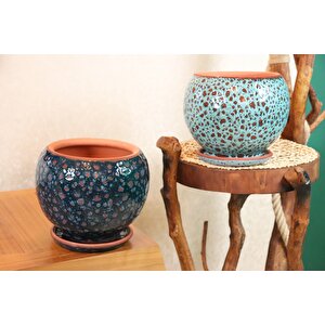 Bitki Tasarımı Lacivert Şekilli Ve Turkuaz Şekilli Artistik Çift Sırlı İç Ve Dış Mekan Kullanımlı Tabaklı Toprak Terrakota Saksı S