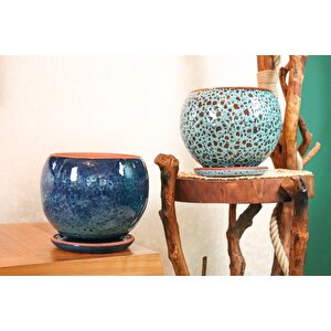 Okyanus Mavisi Ve Turkuaz Şekilli Artistik Çift Sırlı İç Ve Dış Mekan Kullanımlı Tabaklı Toprak Terrakota Saksı Sak