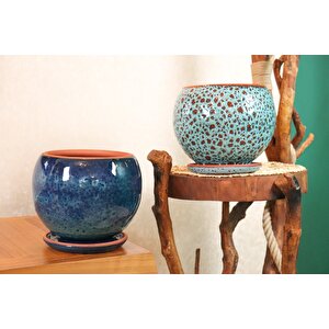 Okyanus Mavisi Ve Turkuaz Şekilli Artistik Çift Sırlı İç Ve Dış Mekan Kullanımlı Tabaklı Toprak Terrakota Saksı Sak