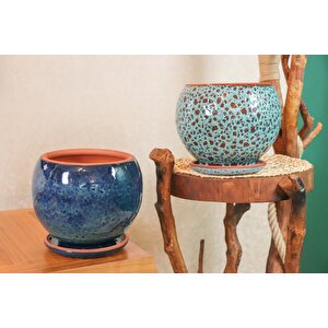 Okyanus Mavisi Ve Turkuaz Şekilli Artistik Çift Sırlı İç Ve Dış Mekan Kullanımlı Tabaklı Toprak Terrakota Saksı Sak